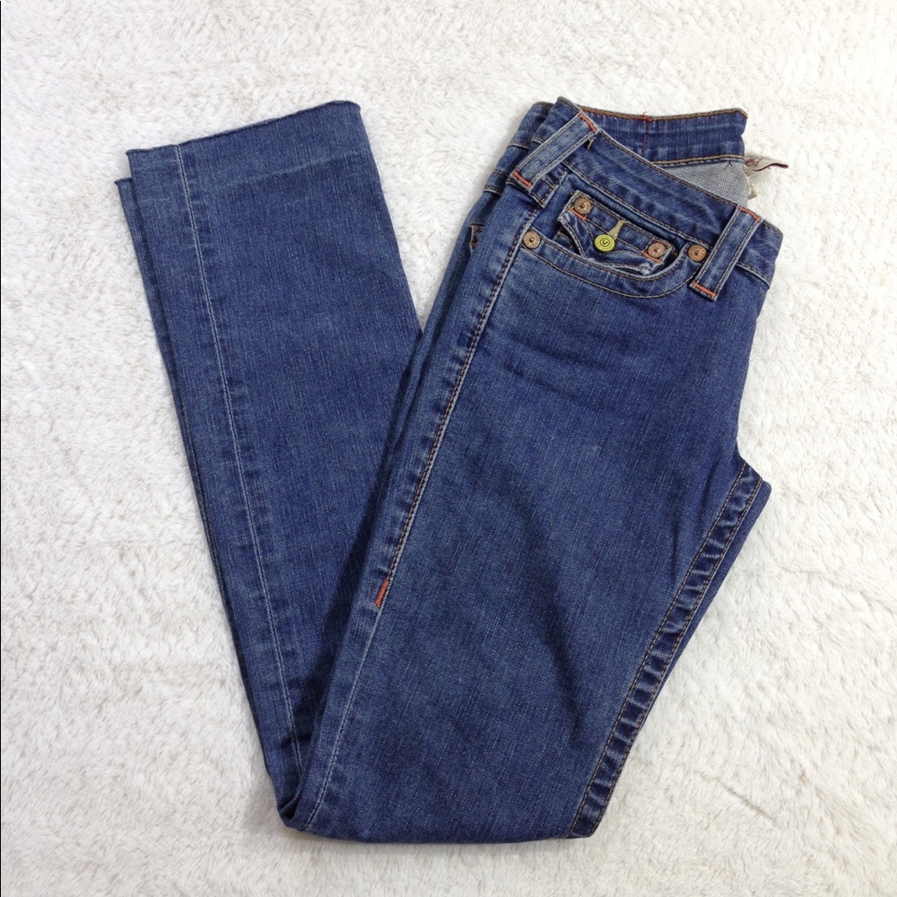 True Religion Women's Straight Leg Jeans in Dark Blue Denim